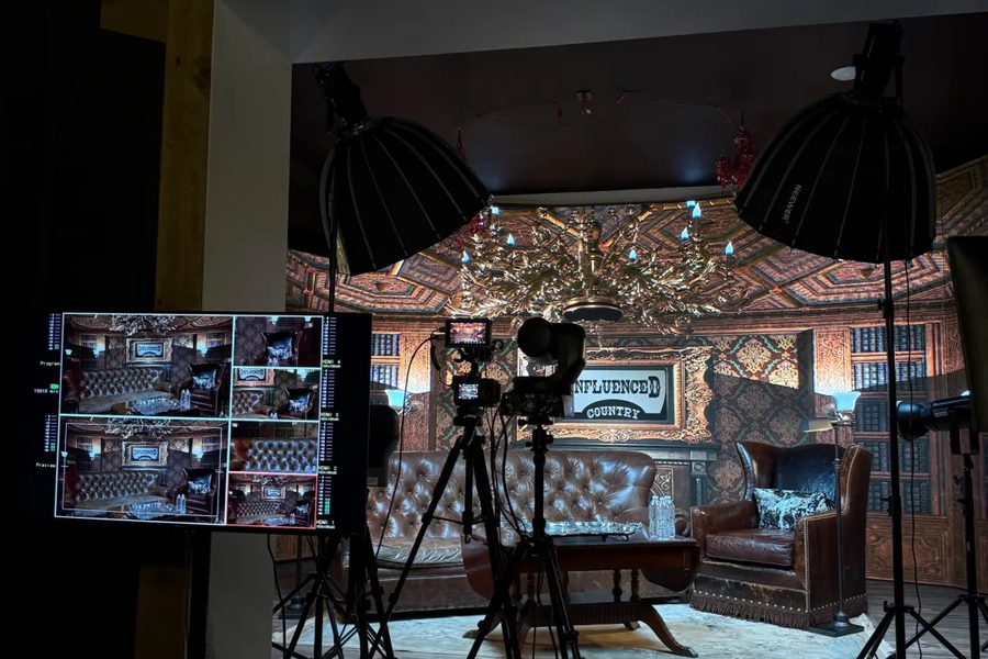 A talk-show set on the LED wall.